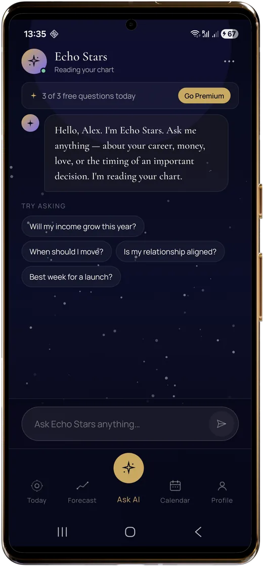 EchoStars Ask AI chat screen answering a personal question about income and relationships