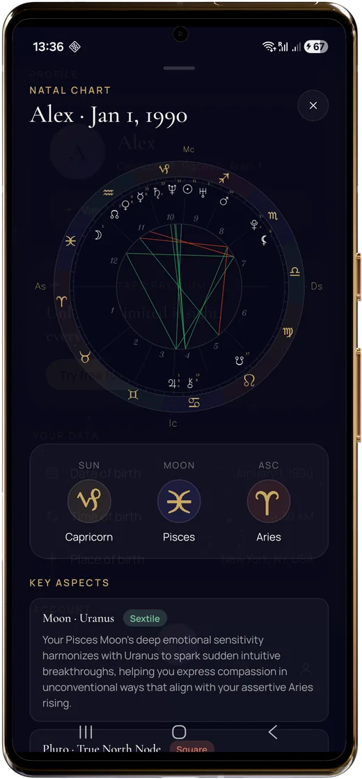 EchoStars natal chart wheel screen showing Sun, Moon and Ascendant with key aspects